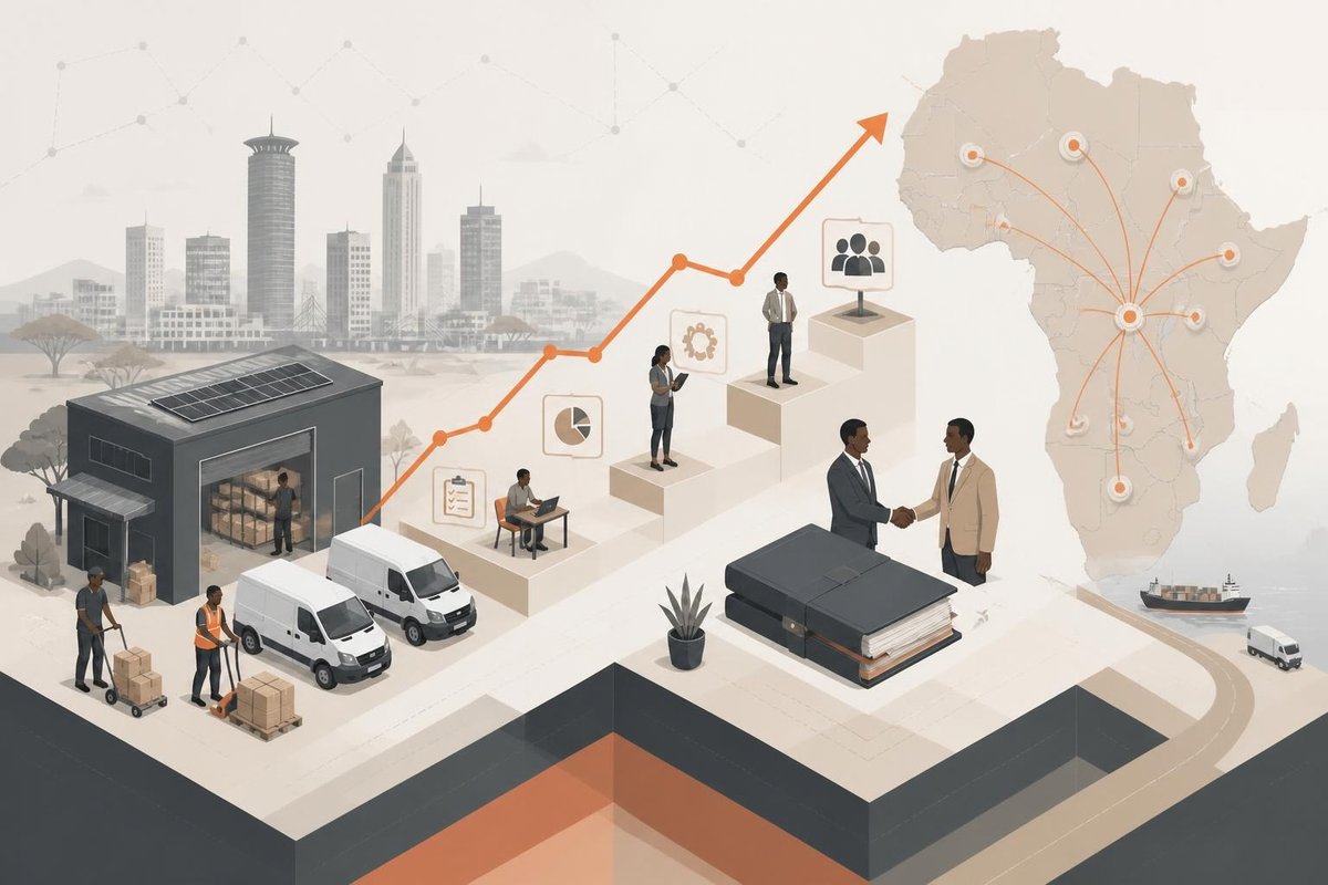 Illustration of a Nairobi logistics business growing from warehouse operations to regional expansion across Africa